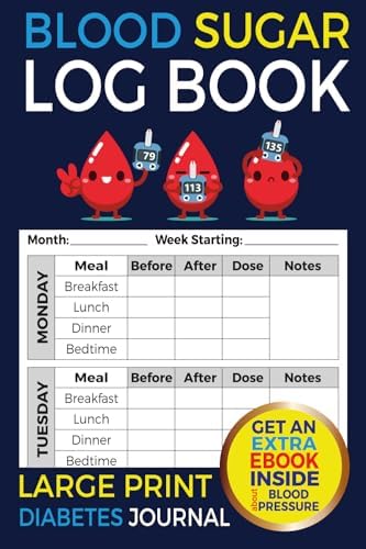 Blood Sugar Log Book: Large Print Diabetes Journal by Brain and Paint Books