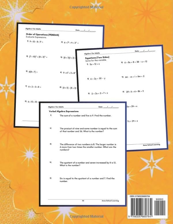 Summer Algebra 1 Workbook For Adults: with Order of Operations, Equations, Expressions, Inequalities, Verbal Algebra, and Linear Equation Skills: ... Workbook for Adults (Summer Math Workbooks) by Anna School Learning