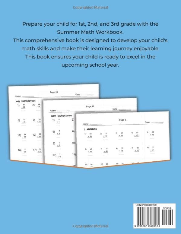 Math Summer Workbook For Grades 1 To 3 Addition, Subtraction & Multiplication: 1st, 2nd, And 3rd Grades Summer Math 2300 Exercises With Answers by Dina Learning School