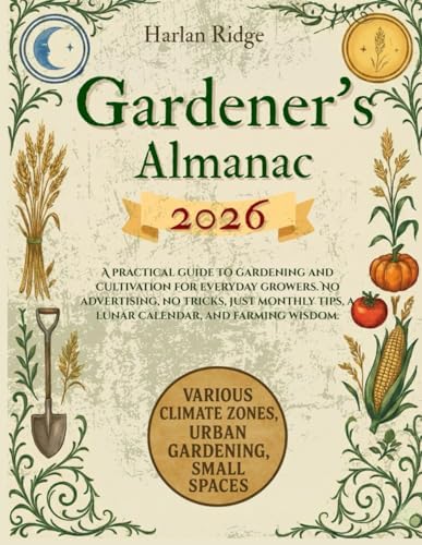 GARDENER’S ALMANAC 2026: A practical guide to gardening and cultivation for everyday growers. No advertising, no tricks, just monthly tips, a lunar calendar, and farming wisdom. by Harlan Ridge