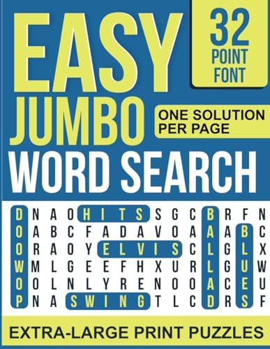 Jumbo Word Search for Seniors: 50 Easy Extra-Large Print Puzzles with One Solution Per Page (32-Point Font) by Blue Words Publications