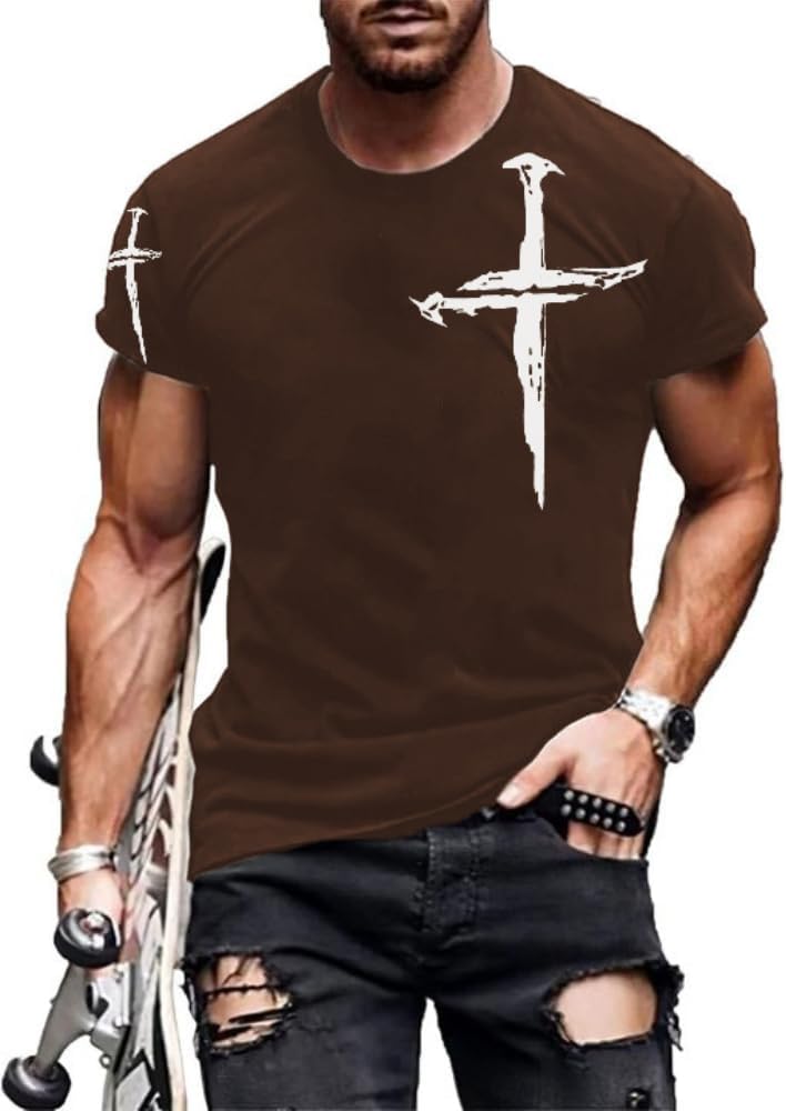 HOTYD Mens Graphic T-Shirts Jesus Cross Vintage Print Casual Faith T-Shirts Summer Short Sleeve Crew Neck Christian Tops