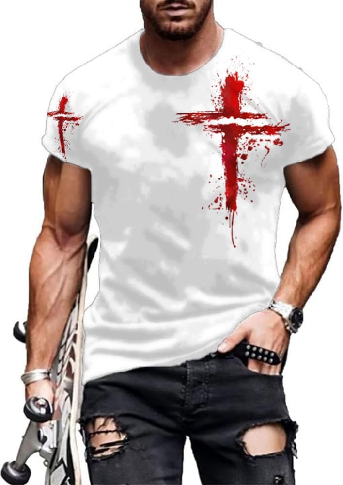 HOTYD Mens Graphic T-Shirts Jesus Cross Vintage Print Casual Faith T-Shirts Summer Short Sleeve Crew Neck Christian Tops