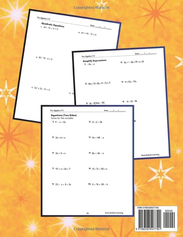 Summer Pre Algebra Workbook Grade 7-9, with Expressions, Inequalities, Equations (One Side, and Two Sides), Linear Equations, and Quadratic Equations ... Answers, Ages 12-15 (Summer Math Workbooks) by Anna School Learning