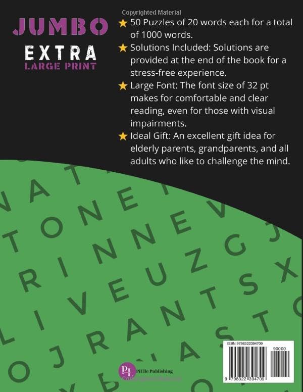 Jumbo Extra Large Print Word Search for Adults & Seniors Vol. 3: 32 Font Size Extra Large Print. 50 Word Search with Solutions. Hours of Fun and Mental Training for the Visually Impaired. by PiElle Publishing