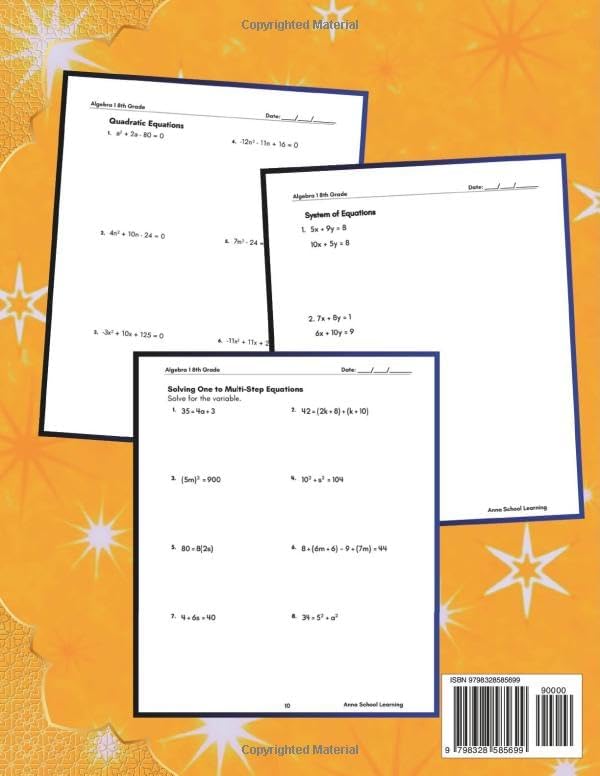 Algebra 1 Summer Workbook 8th Grade: with Solving and Simplifying Equations and Expressions, Linear Equations, System of Equations, and Quadratic ... Answers, Ages 13-14 (Summer Math Workbooks) by Anna School Learning