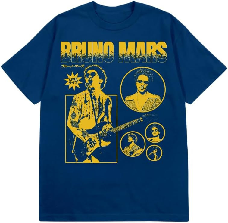 Bruno Mars Unisex Adult Bruno Mars Official Merch Guitar T-Shirt, Blue