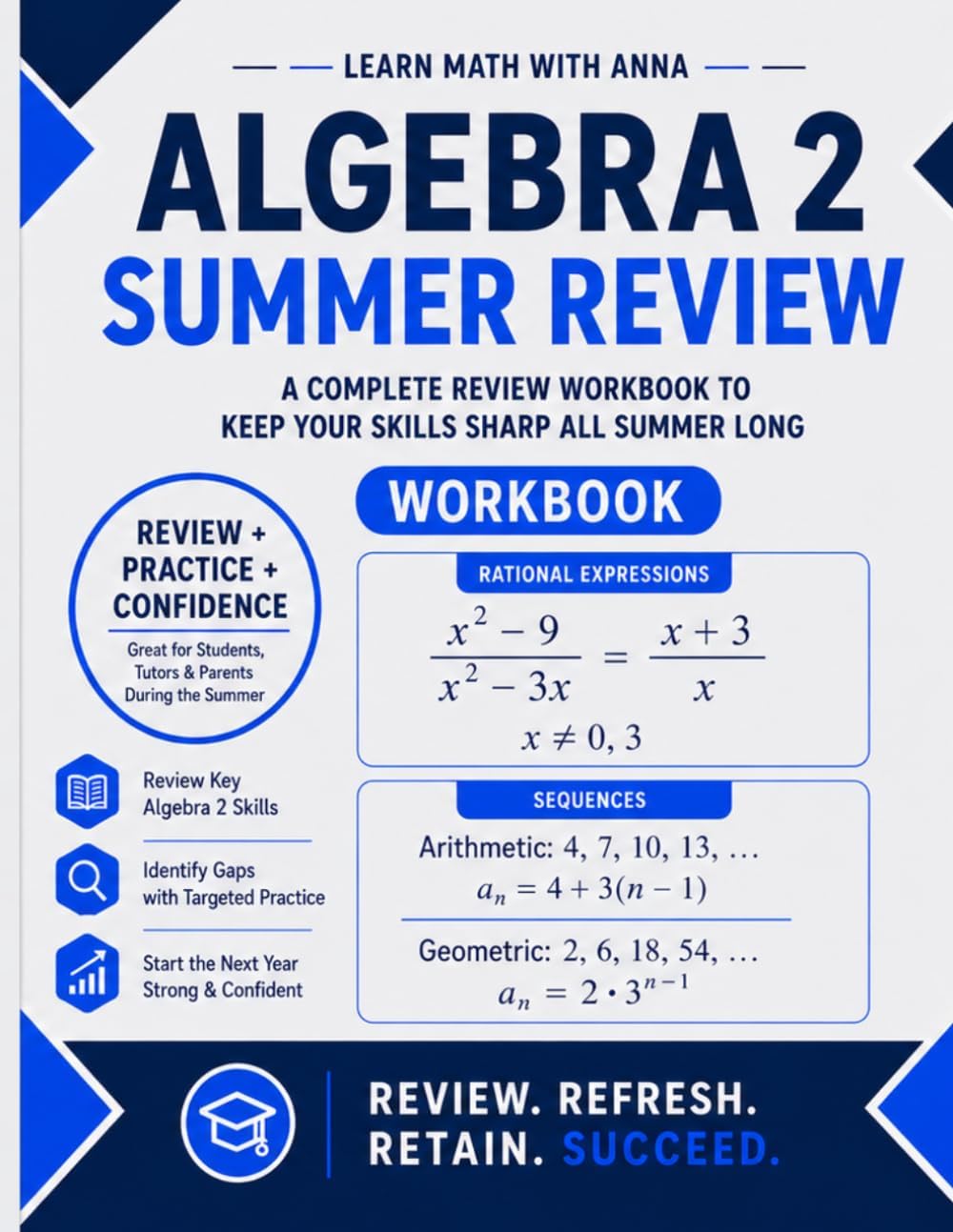 Algebra 2 Summer Review Workbook: Avoid the Summer Slide with Targeted Practice and Step-by-Step Solutions (Summer Review | USA Math Series) by Learn Math with Anna