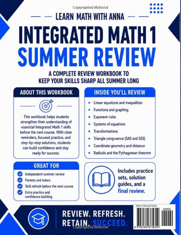 Integrated Math 1 Summer Review Workbook: Avoid the Summer Slide with Targeted Practice and Step-by-Step Solutions (Summer Review | USA Math Series) by Learn Math with Anna