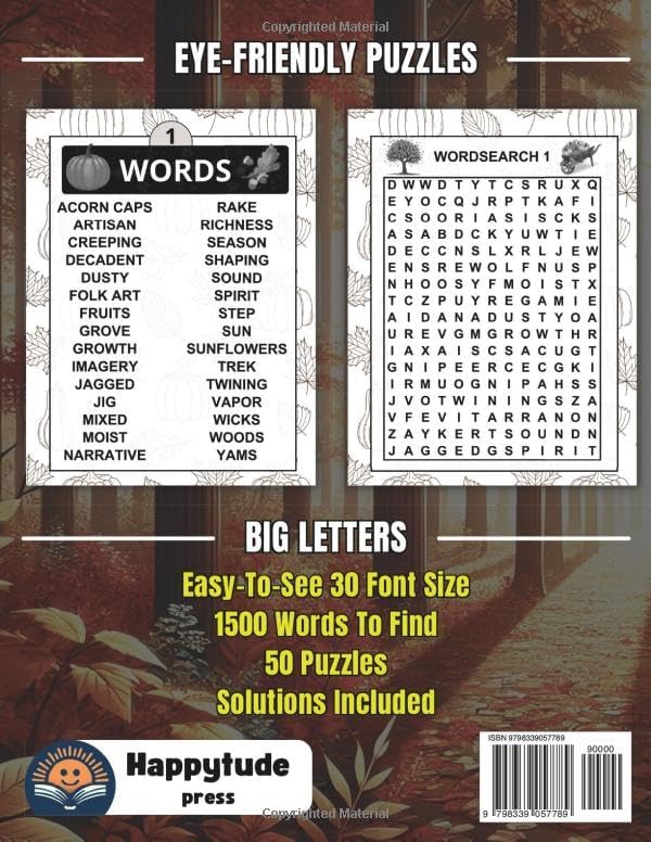 Jumbo Autumn Word Search For Seniors & Adults: Extra Large Print Fall Word Search Book | Anti-Eye Strain, Big 30 Font Size With 50 Puzzles And Over ... Puzzle Through the Year One Season at a Time) by Happytude Press