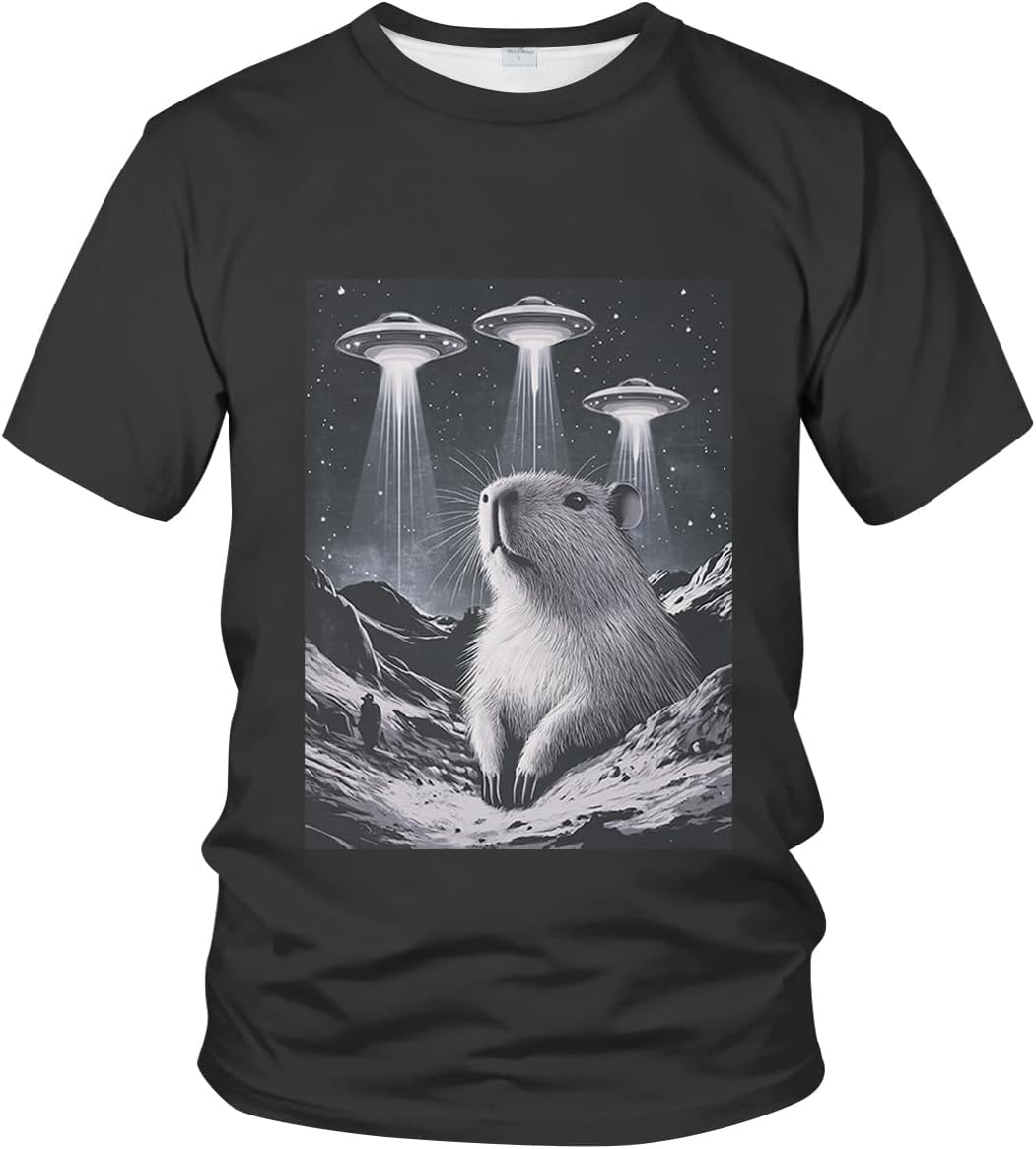 Men's Capybara Selfie with UFO T-Shirts Funny Graphic Animal T-Shirt Short Sleeve Tees