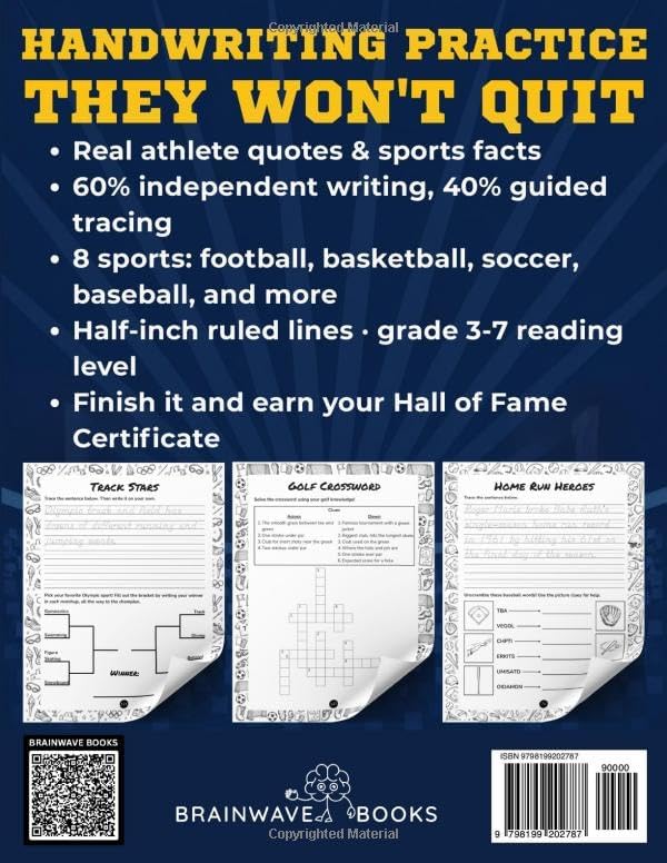 Sports Handwriting Workbook for Kids Ages 8-12: Fun Activities, Games, Puzzles & Writing Prompts Across 8 Sports — Football, Basketball, Soccer, Baseball, Hockey, Tennis, Olympics & Golf by BrainWave Books