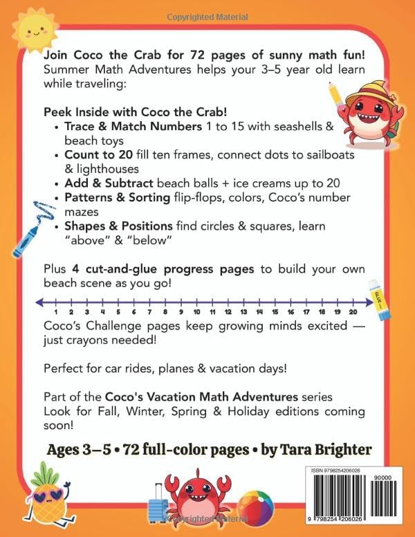 Summer Math Adventures: 5-in-1 Workbook for Preschoolers Ages 3-5: Fun Number Tracing, Counting, Addition, Patterns & Shapes with Cut & Glue ... Travel Workbook for Road Trips & Vacations by Tara Brighter