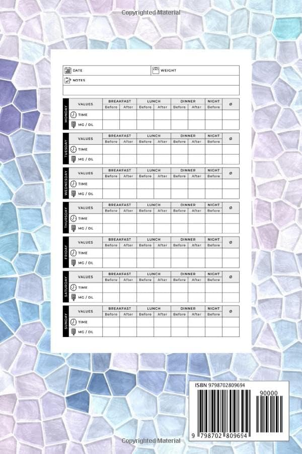 Daily Diabetes Log Book: Weekly Blood Sugar Diary Log Book for 2 Years of Recording (4-Time Before-After) | Daily Diabetic Blood Glucose Monitoring ... Test & Monitor – Purple Blue Mosaic Design by Diane Wellness Studio
