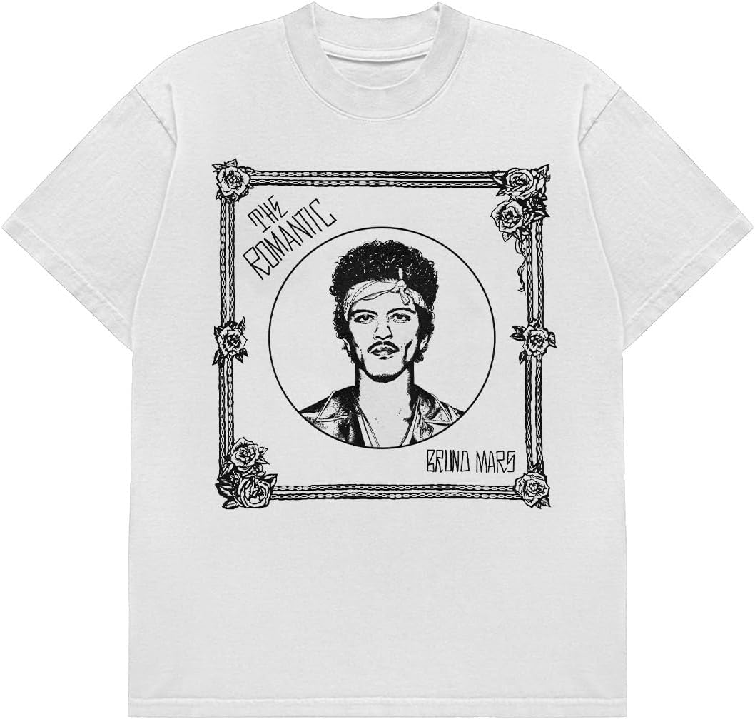 Bruno Mars Unisex Adult Bruno Mars Official Merch the Romantic Framed T-Shirt, White