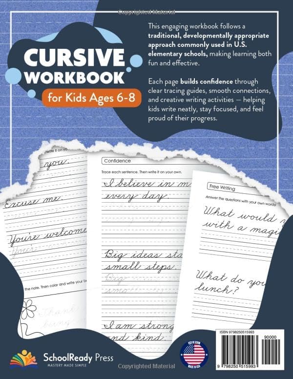 Cursive Workbook for Kids Ages 6-8: Guided Traditional Cursive Practice with Letters, Words & Sentences to Build Neat Handwriting & Confidence (Grades 1–3) by SchoolReady Press