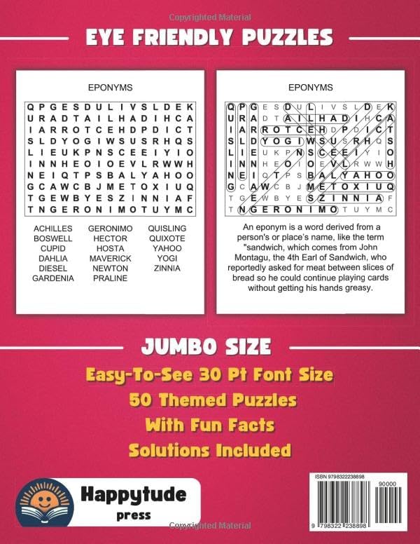 Extra Large Print Word Search: Jumbo Word Search For Seniors & Adults | 50 Themed Puzzles With Very BIG Letters (30 Font Size) | Anti-Eye Strain And ... Seniors - With Fun Facts And Jumbo Solutions) by Happytude Press