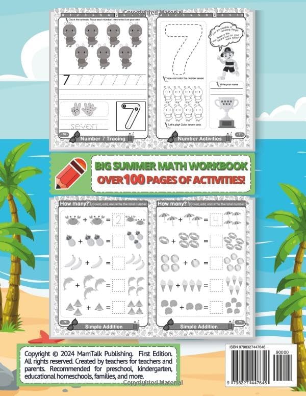 Preschool to Kindergarten Summer Bridge Math Activities Book: Prep Prek to K Grade Workbook with Numbers, Counting, Addition, Subtraction, Comparing, Patterns, and More by MamTalk Publishing