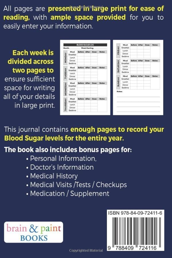 Blood Sugar Log Book: Large Print Diabetes Journal by Brain and Paint Books