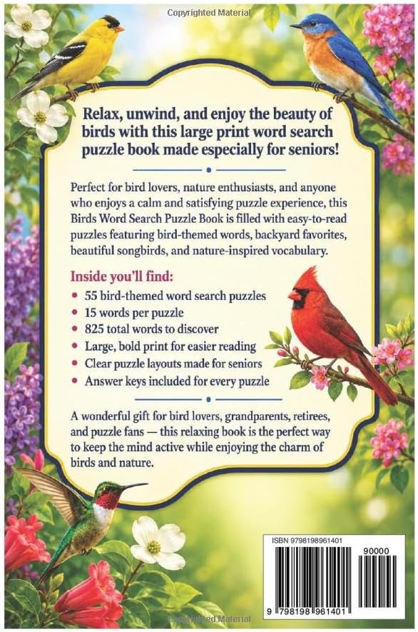 Birds Word Search for Seniors Large Print: Large Print Bird-Themed Puzzles for Adults, Seniors, Bird Lovers, and Nature Fans — 55 Relaxing Puzzles with 825 Words and Answer Keys by JJ George Ashford