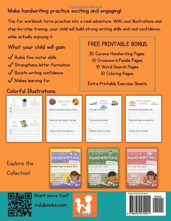 Handwriting Workbook for Boys Ages 6 and Up: Learn to Write with Alphabet Tracing, Full-Color Practice Pages, Fun Facts, Riddles, and Writing Prompts (Little Writers Collection) by Rulu Books