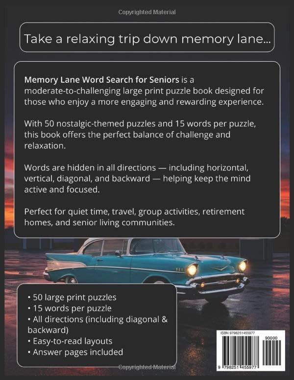 Memory Lane Word Search: Easy Large Print for Seniors (Puzzle Books for Seniors) by Jay Adams