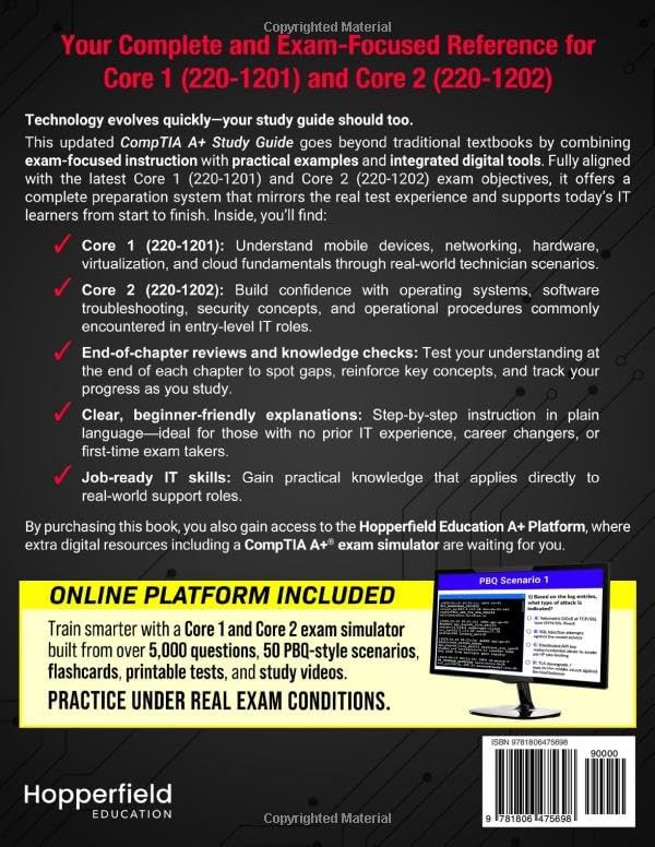 CompTIA A+ Study Guide: Complete and Exam-Focused Reference for Core 1 (220-1201) & Core 2 (220-1202) with E-Learning Platform, Exam Simulations, Practical Study Strategies, and IT Case Studies by Hopperfield Education