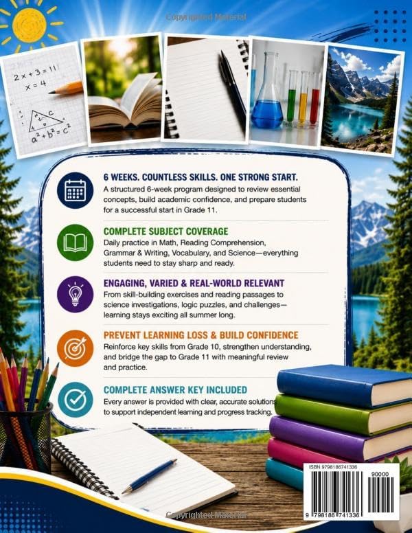 Summer Bridge High School Workbook Grade 10 to 11: A 6-Week Summer Learning Program with Math, Reading, Grammar, Writing, Vocabulary, Science, Critical Thinking Activities, and a Complete Answer Key by Dr Paige Racheal