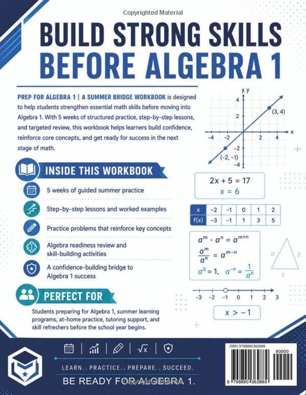 Prep For Algebra 1 | A Summer Bridge Workbook: 5 Weeks of Practice Problems and Step-by-Step Lessons to Strengthen Skills before Algebra 1 (Prep Math Workbook by Sam) by Samuel Adegboye