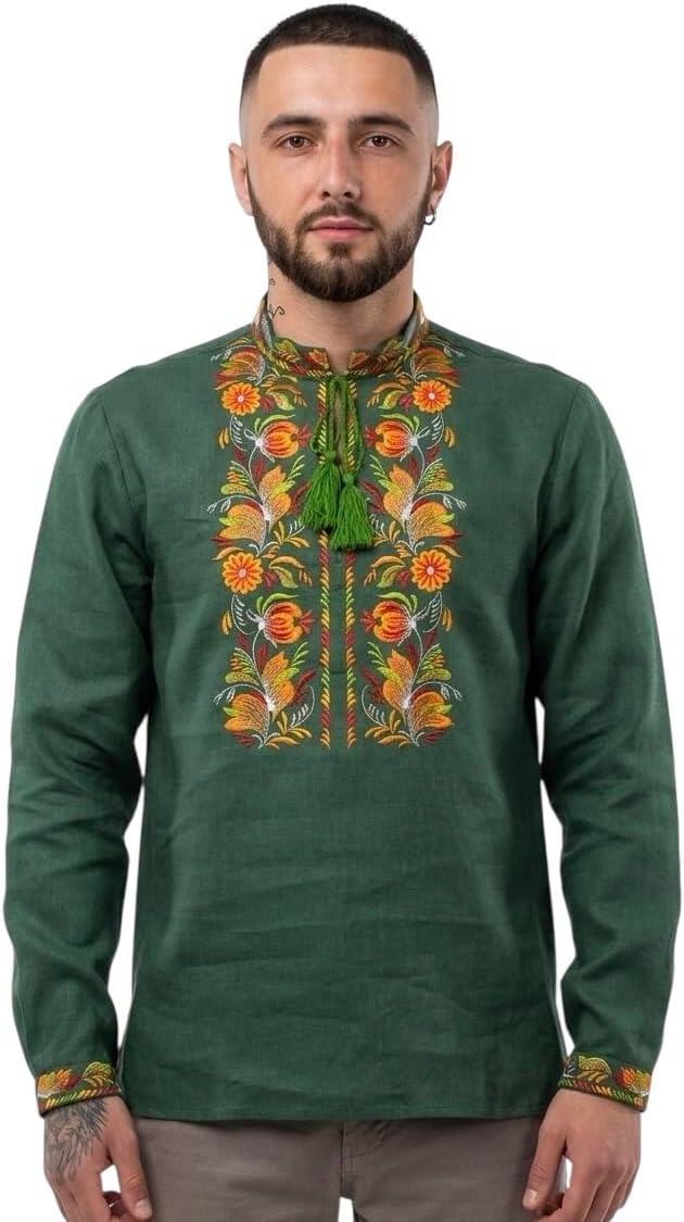 Skrynia Men's 100% Linen Shirt Green Petrykivka Floral Embroidery Boho Wedding Tunic Big and Tall Custom Fit
