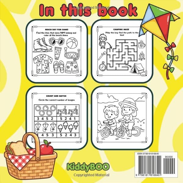 Sun & Fun Vacation Book: Activity Workbook for Kids Ages 4-7: 50 Single-Sided Pages of Early Math, Logic Puzzles, Mazes, and Summer Coloring for Preschool to 1st Grade by Kiddy BOO