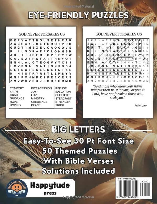 Extra Large Print Bible Word Search: 50 Christian-Themed Puzzles for Seniors and Adults | Easy-to-Read Jumbo Word Find Book with 30 Point Font and Biblical Verses from Scripture for Women and Men by Happytude Press