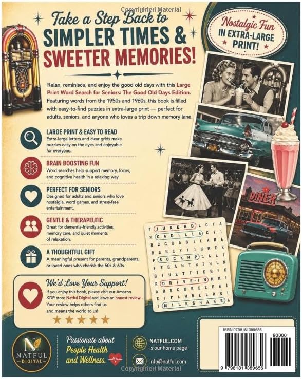 Large Print Word Search for Seniors: The Good Old Days Edition — Easy, Relaxing 1950s & 1960s Puzzles in Extra-Large Print | Nostalgic Word Games for Adults, Seniors & Dementia-Friendly Memory Care by NATFUL Digital