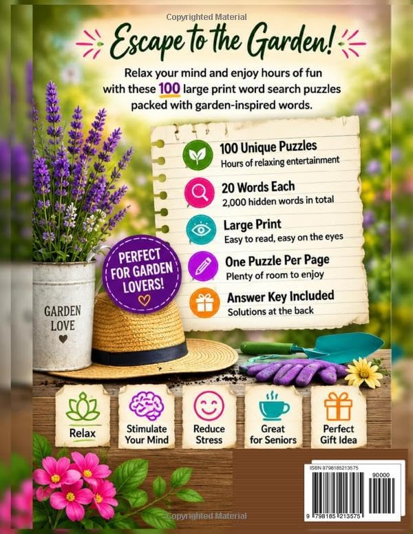 Gardening Word Search Puzzles for Adults and Seniors: 100 Large Print Garden-Themed Puzzles with 2,000 Hidden Words About Flowers, Plants, Herbs, Vegetables, Tools, Trees, Seasons & More by Orvin Cunningham