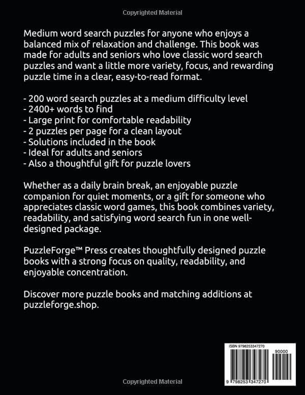Word Search – 200 Medium Puzzles: Large Print for Adults and Seniors | 2400+ Words | 2 Puzzles Per Page | Solutions Included | Enjoyable Brain ... Puzzles for Focus and Brain Exercise) by PuzzleForge™ Press