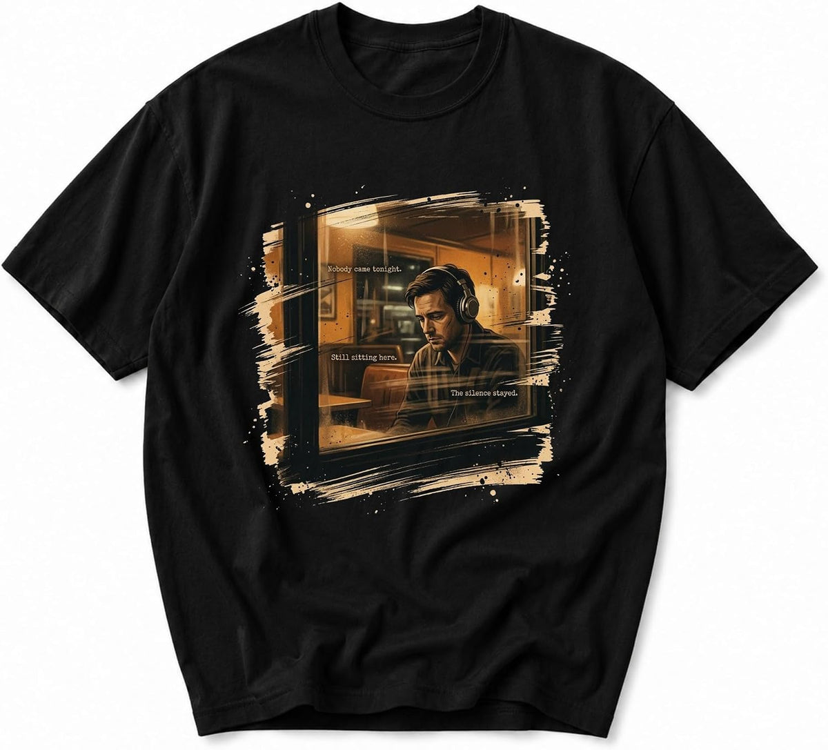 Graphic Tee Unisex Crew Neck Short Sleeve Shirt Featuring Artistic Illustration of a Man in a Setting