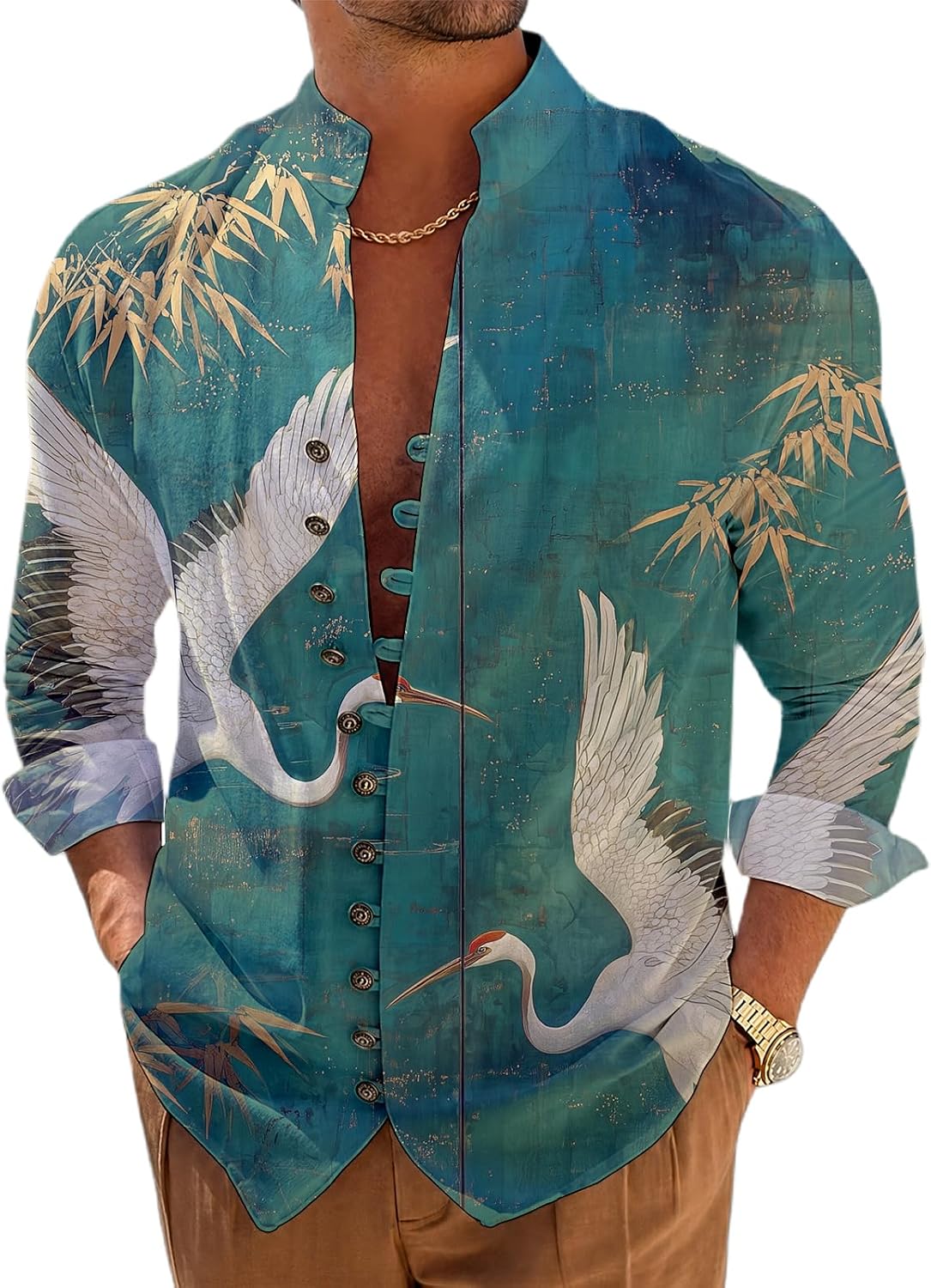 Retro Novelty Japanese Art Mens Shirts Stand Collar Button Up Long Sleeve Oversized Summer Beach Tshirts