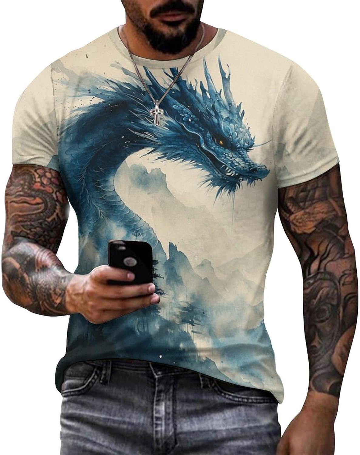 Dargon T Shirts for Men Animal Printed Summer Short Sleeve T-Shirt Crewneck Lightrweight Casual Art Cool Tee Tops