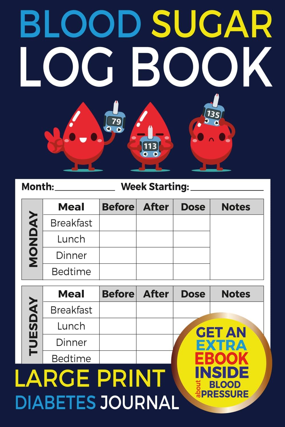 Blood Sugar Log Book: Large Print Diabetes Journal by Brain and Paint Books