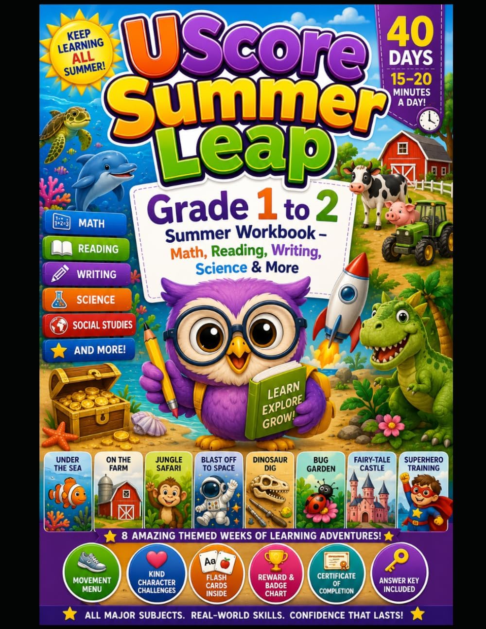 UScore Summer Leap: Grade 1 to 2 Summer Workbook - Math, Reading, Writing, Science & More by UScore Academy