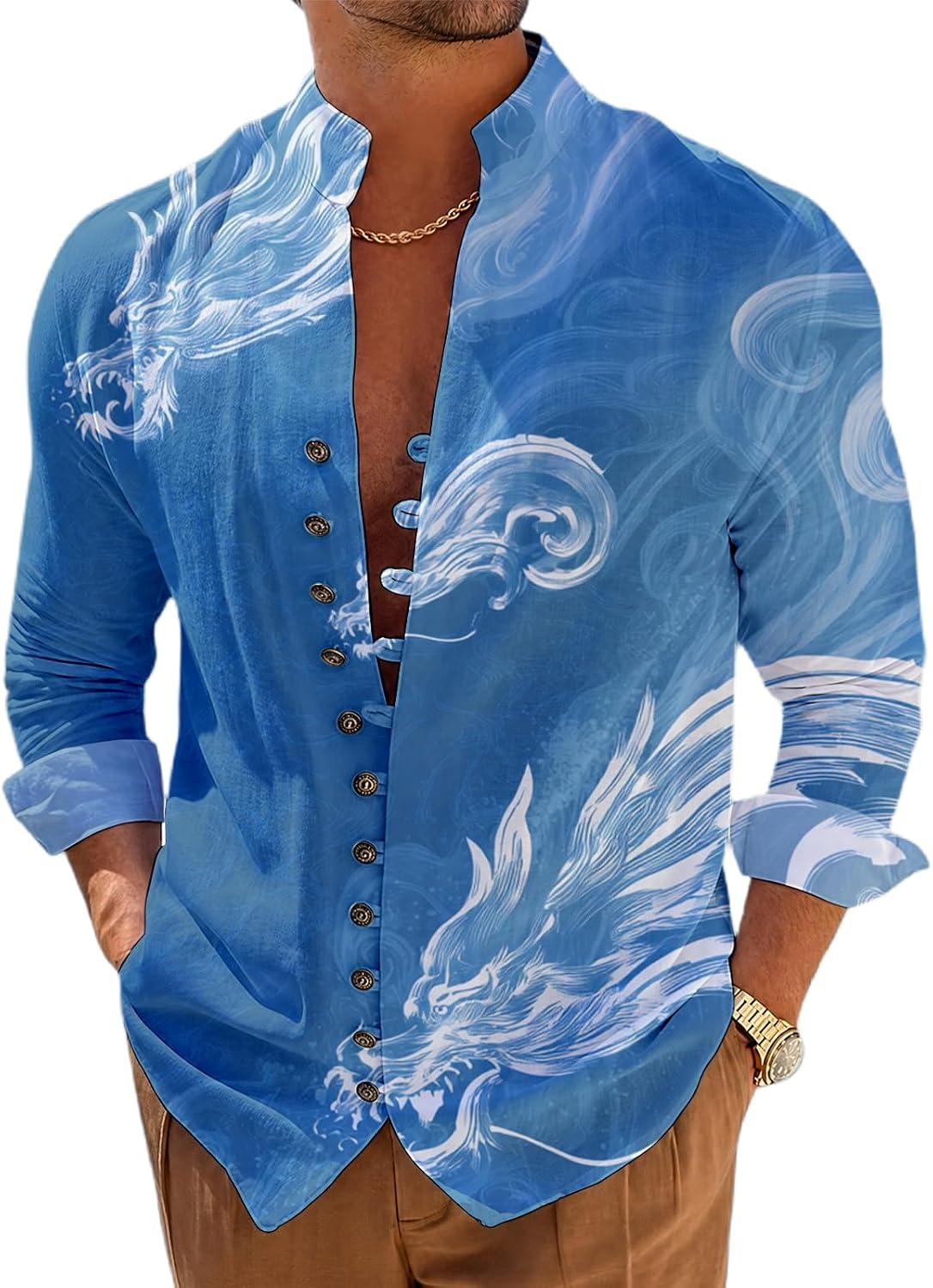 Japanese Art Print Mens Stand Collar Button Up Long Sleeve Shirts Lightweight Summer Casual Vacation Tshirts