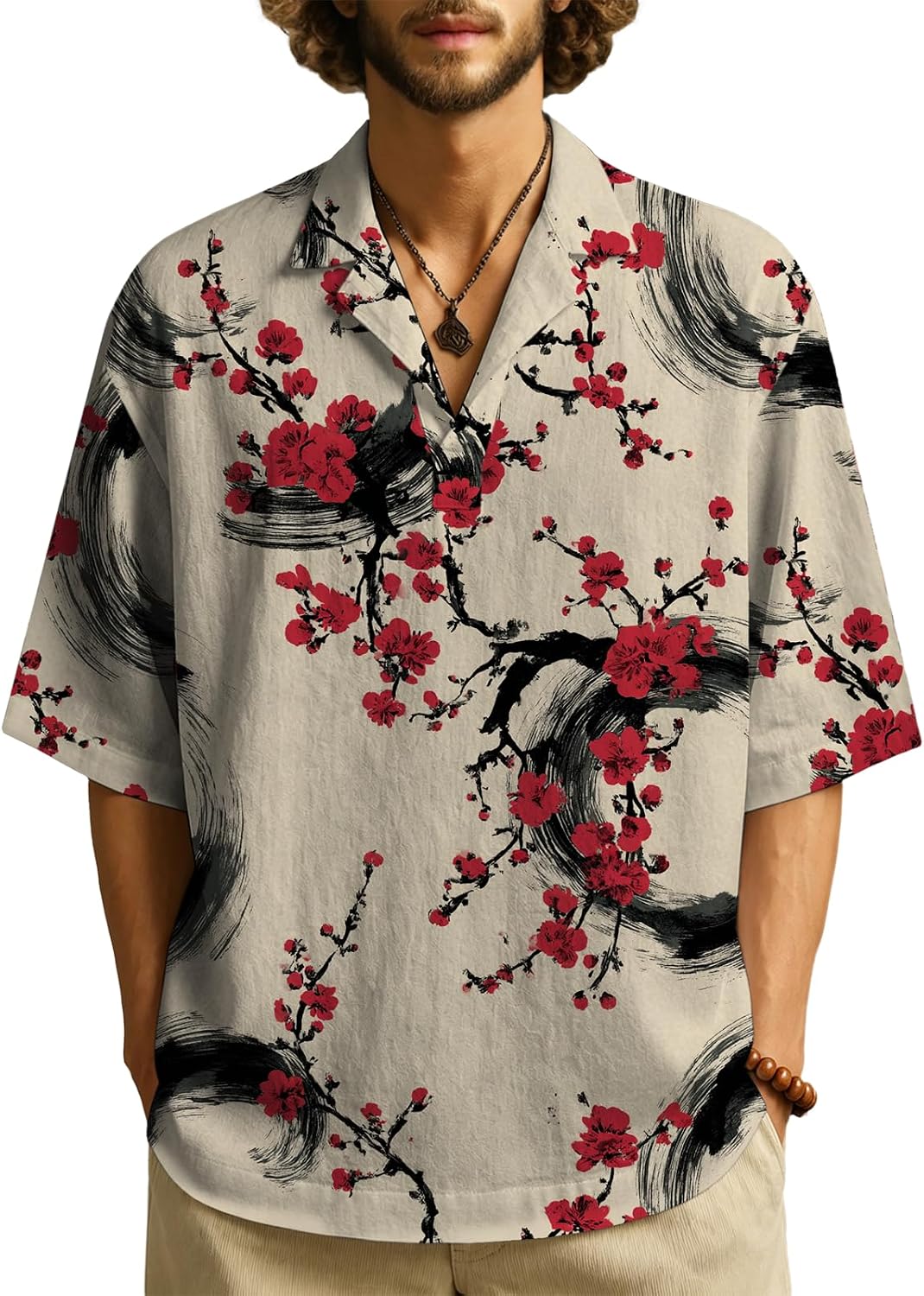 MARSVOVO Summer Mens Fashion Print T-Shirt Trendy Chinese Print Casual Pullover Shirt Cuban Collared Loose Fit Tees