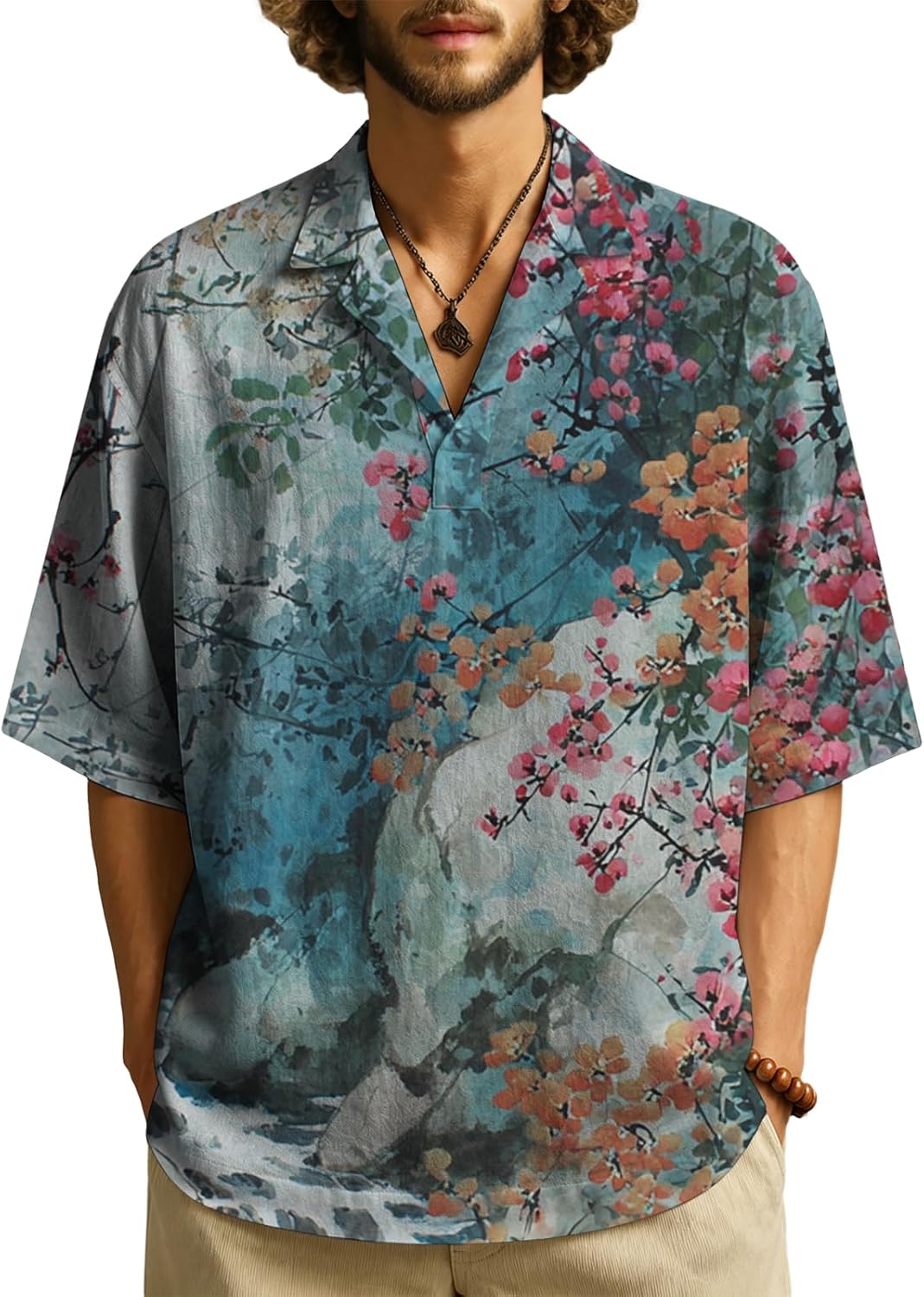 MARSVOVO Summer Mens Fashion Print T-Shirt Trendy Chinese Print Casual Pullover Shirt Cuban Collared Loose Fit Tees