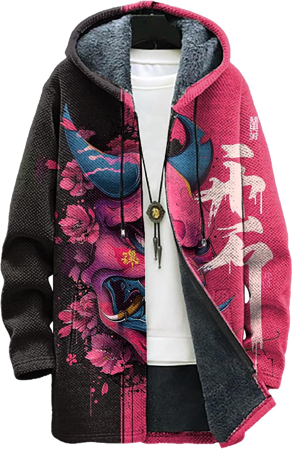 domirica Long Hooded Cardigan Men Japanese Neon Art Graphic Open Front Zip Up Fleece Warm Fall Novelty Lightweight Coat