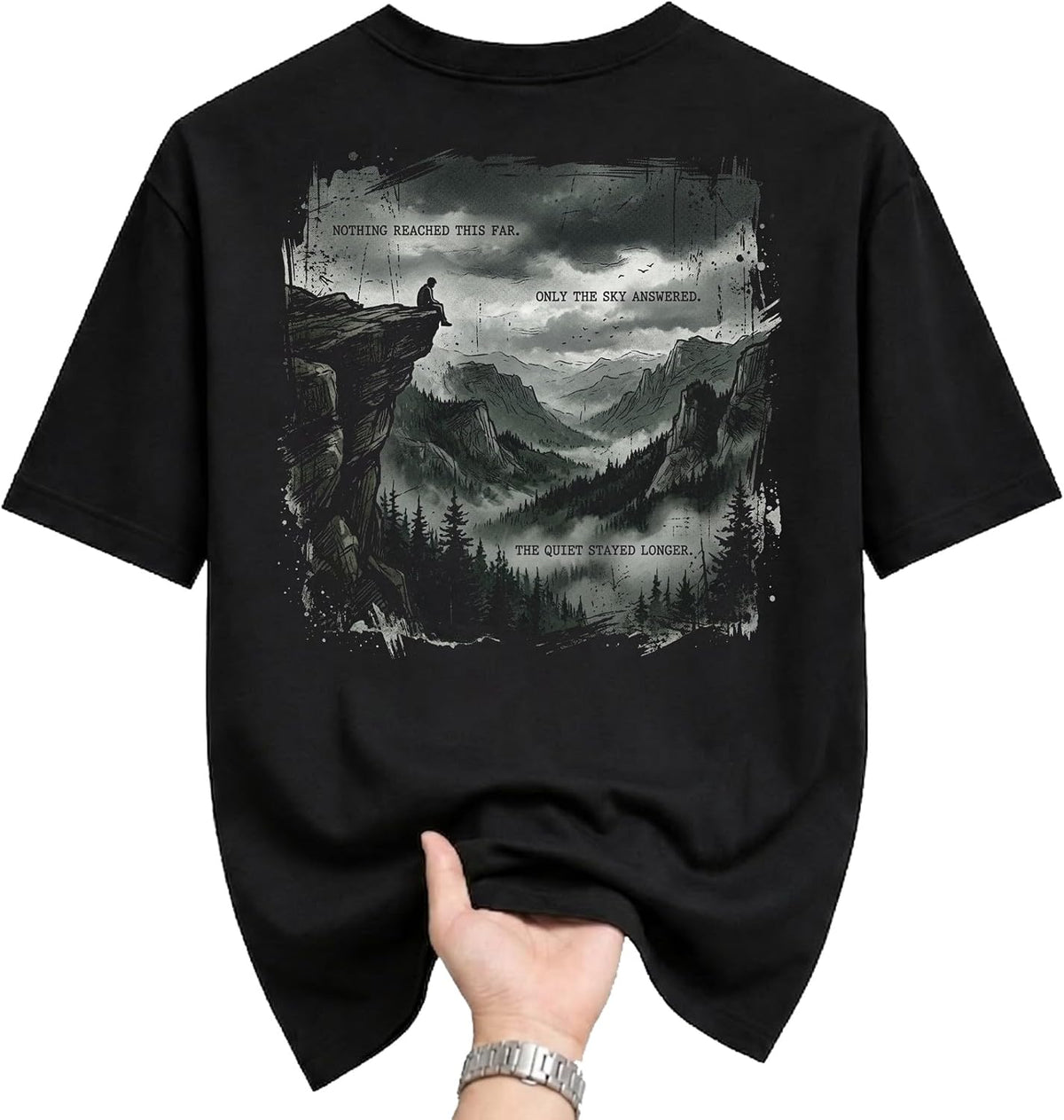 Graphic Tee Unisex Black T-Shirt with Atmospheric Mountain Illustration and Inspirational Quote Printed Apparel