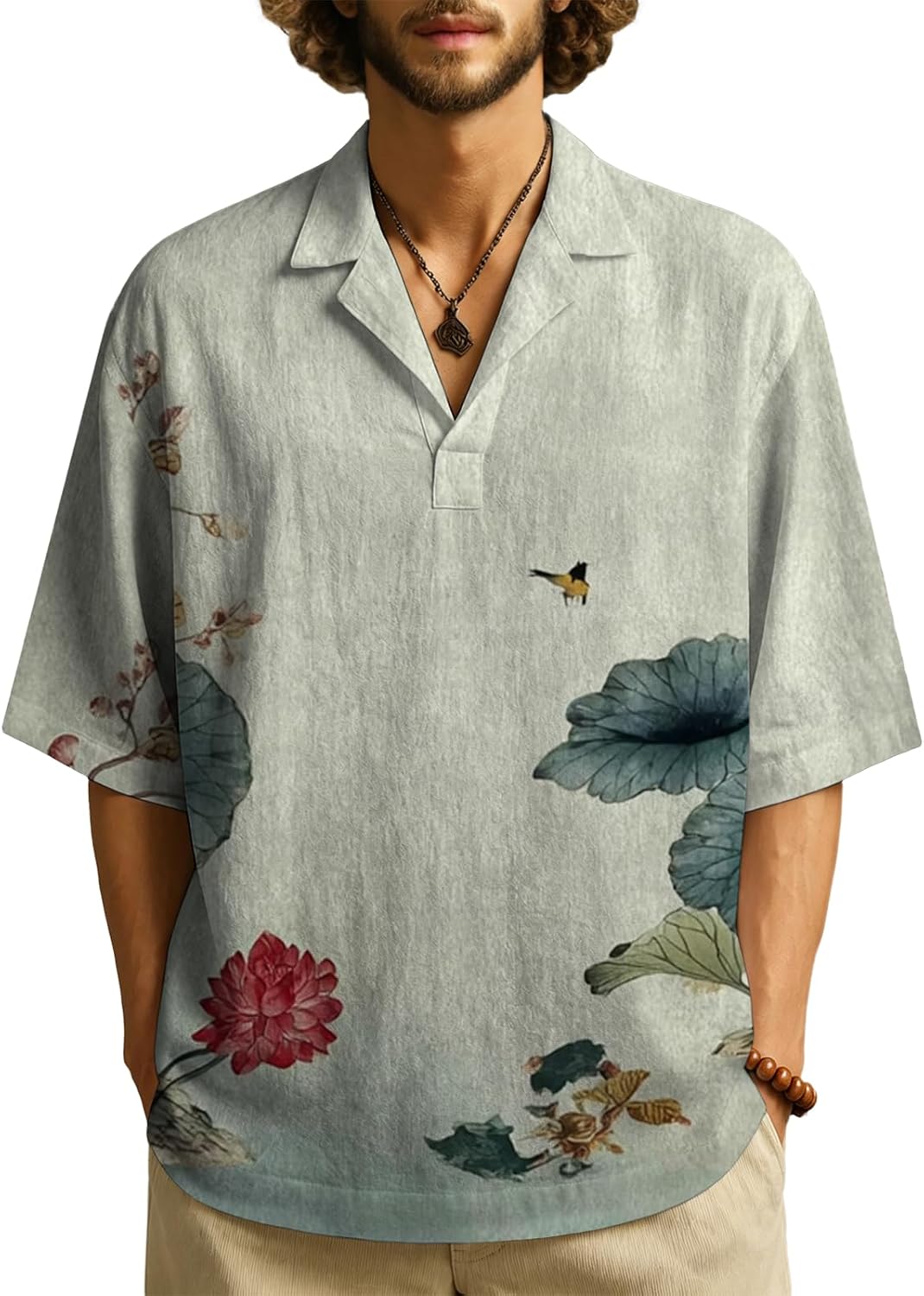 MARSVOVO Summer Mens Fashion Print T-Shirt Trendy Chinese Print Casual Pullover Shirt Cuban Collared Loose Fit Tees