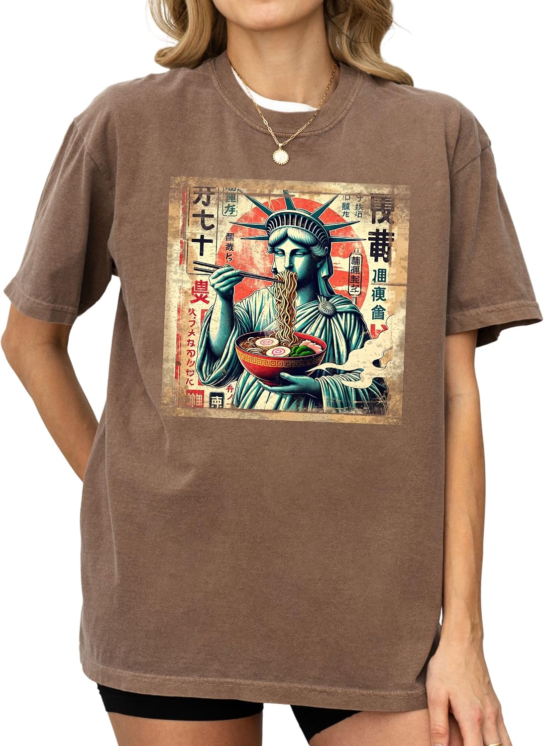 Statue of Liberty Ramen Graphic T-Shirt, Funny Japanese Noodle Art Tee, Vintage Streetwear Shirt S-3XL