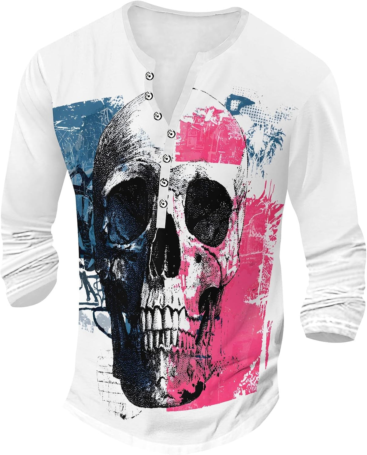 Skull Print Henley Shirts for Men Long Sleeve Button Top
