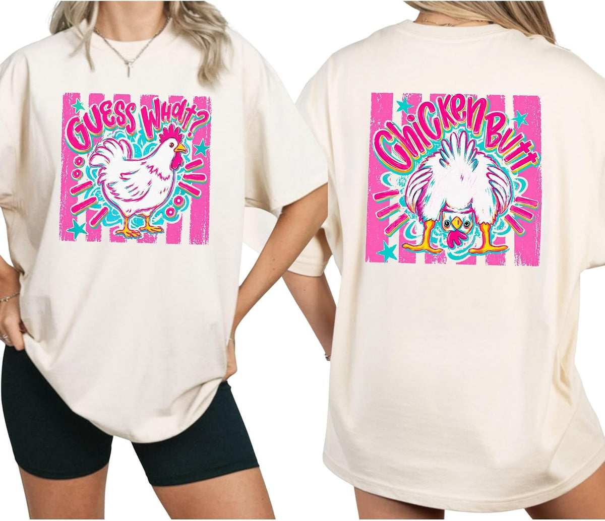 Funny Chicken Graphic Shirt Guess What Chicken Butt Front and Back Print T-Shirt for Women Men Farm Animal Tee