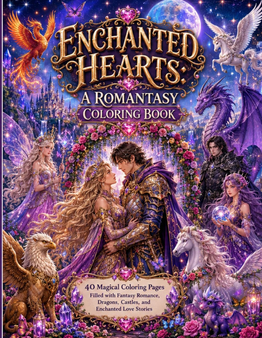 Enchanted Hearts: A Romantasy Coloring Book: 40 Magical Coloring Pages Filled with Fantasy Romance, Dragons, Castles, and Enchanted Love Stories by Kyle Pierce